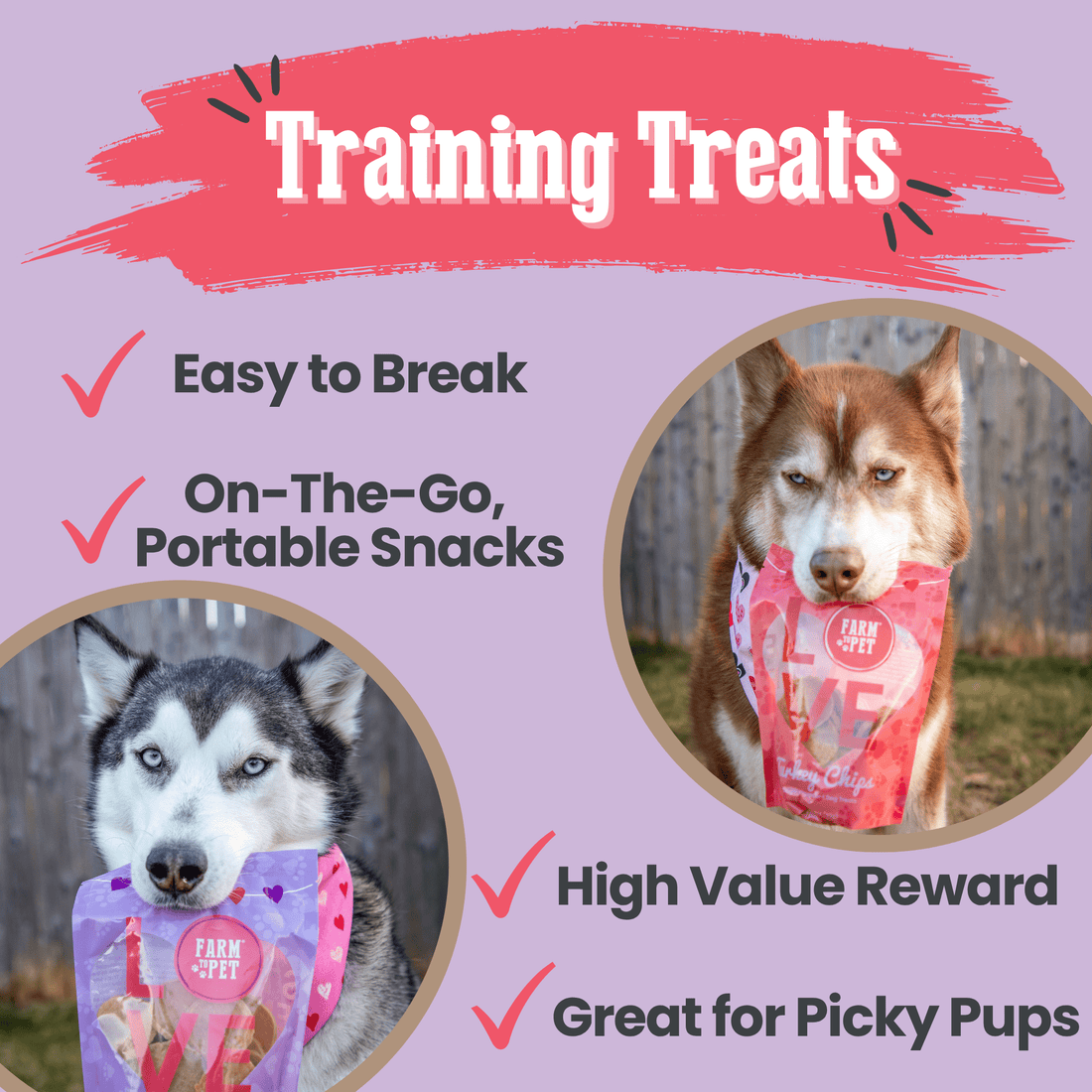 Farm To Pet Puppy Love Dog Treat Duo featuring poultry chip variety pack with chicken and turkey training treats for dogs.