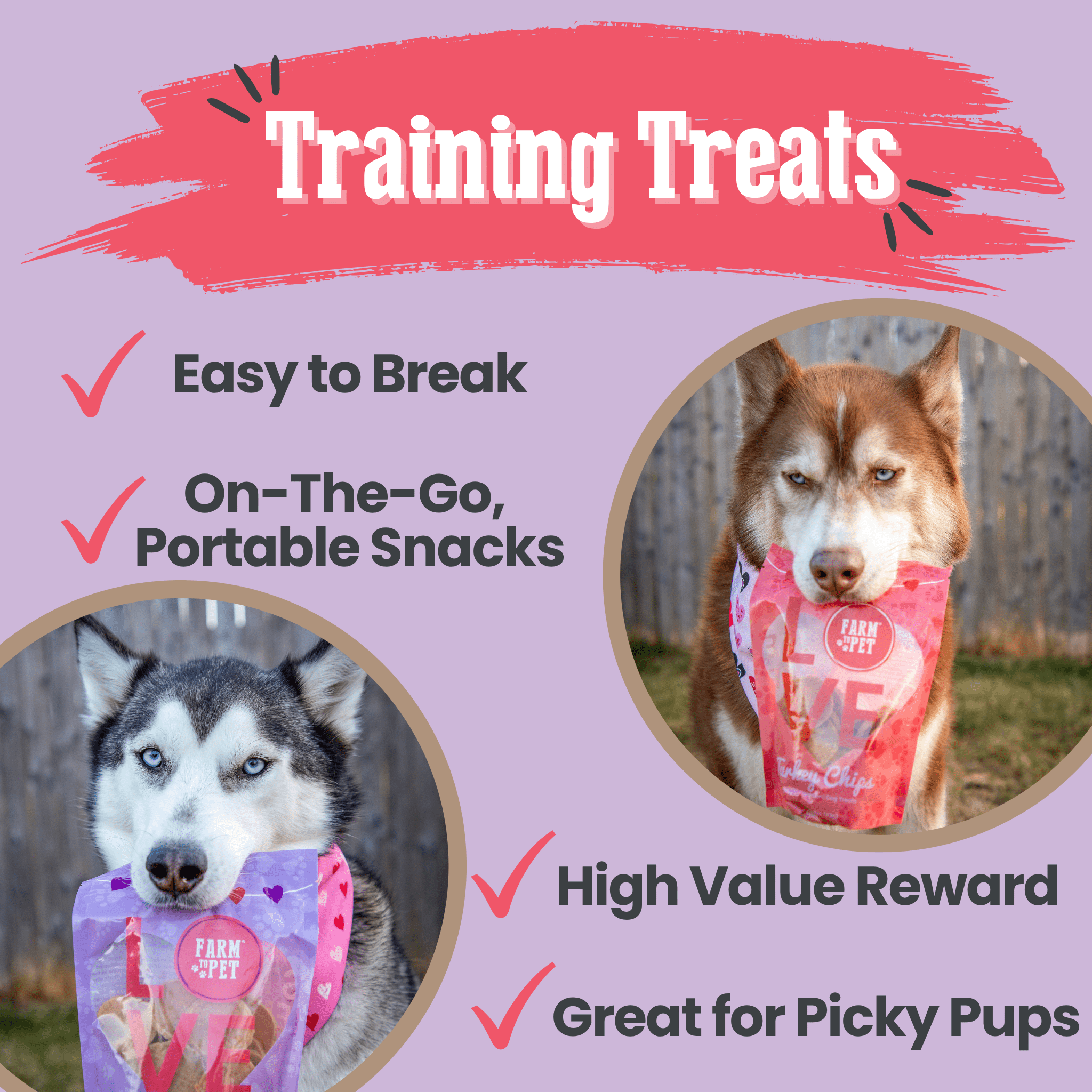 Farm To Pet Puppy Love Dog Treat Duo featuring poultry chip variety pack with chicken and turkey training treats for dogs.