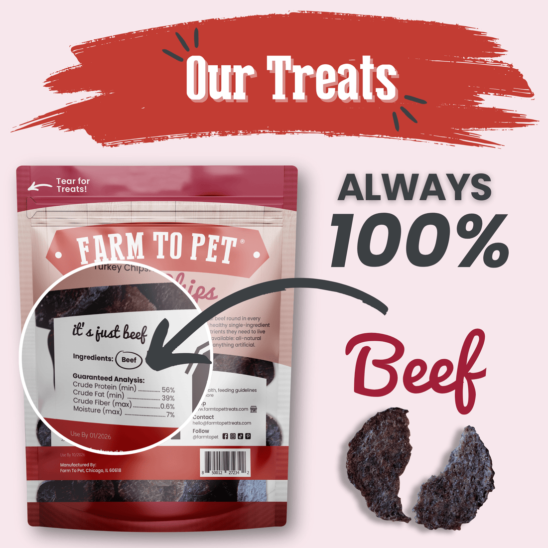 Farm To Pet beef dog chips, single-ingredient healthy treats for dogs, shown in a 12oz bag, crispy and natural dog snack.