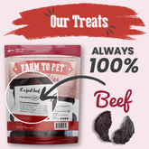 Farm To Pet beef dog chips, single-ingredient healthy treats for dogs, shown in a 12oz bag, crispy and natural dog snack.