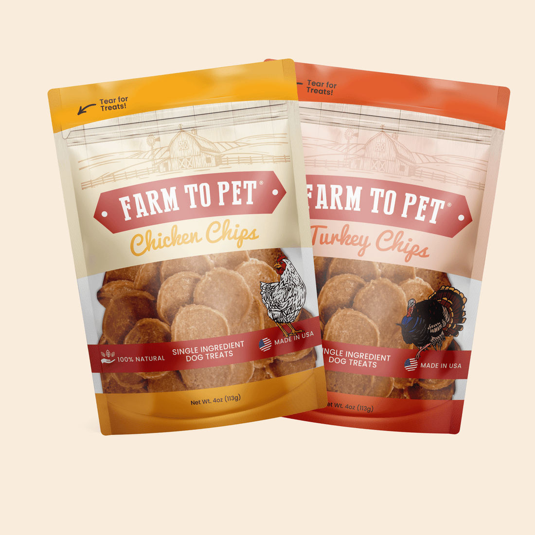 Farm To Pet turkey and chicken chip dog treats duo, single-ingredient poultry treats for dogs, shown in 4oz package.