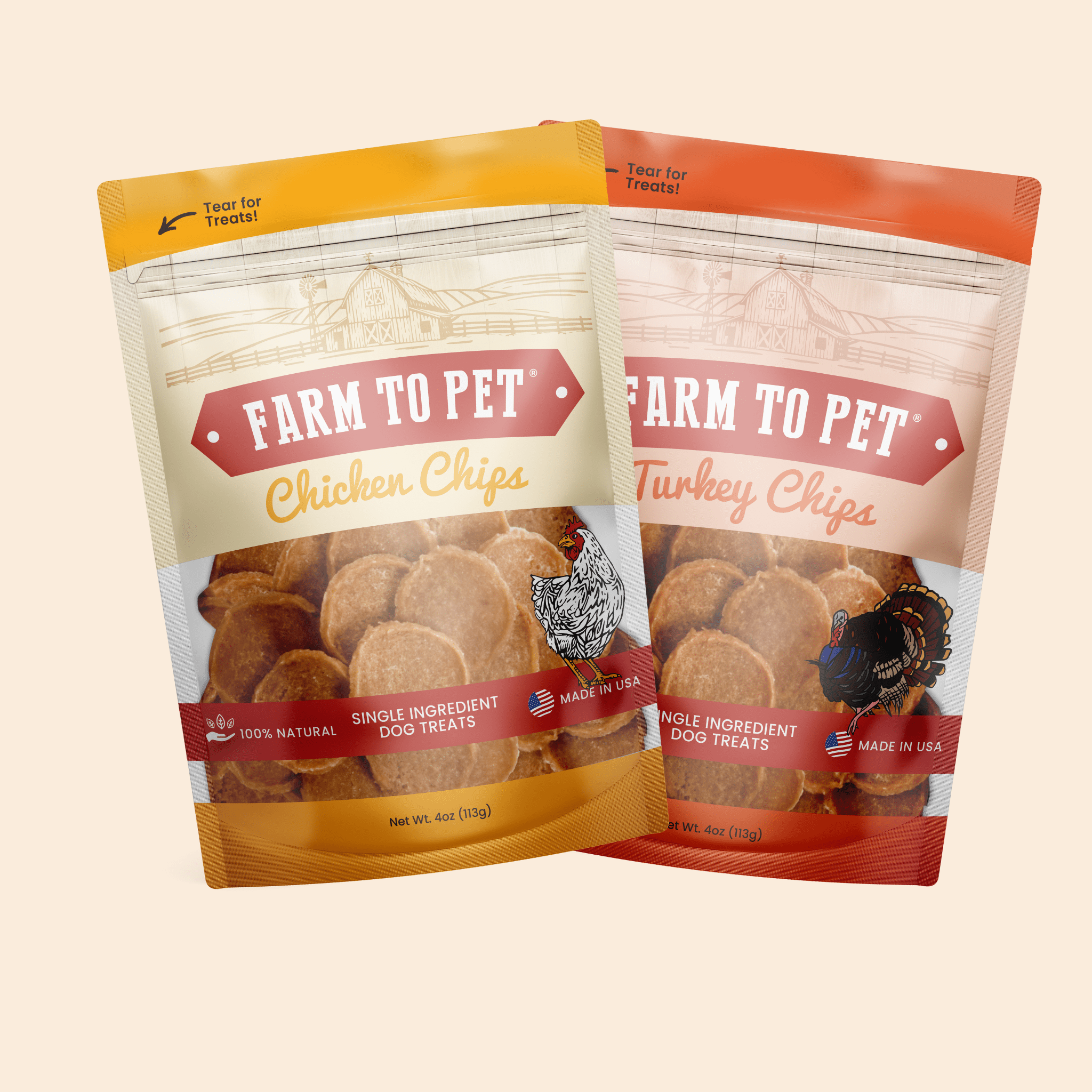 Farm To Pet turkey and chicken chip dog treats duo, single-ingredient poultry treats for dogs, shown in 4oz package.