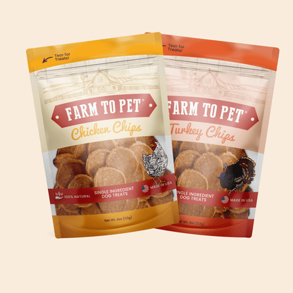 Farm To Pet turkey and chicken chip dog treats duo, single-ingredient poultry treats for dogs, shown in 4oz package.