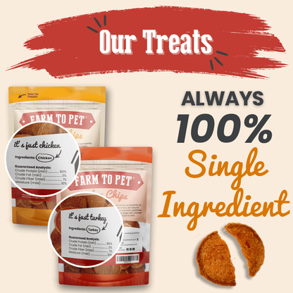 Farm To Pet turkey and chicken chip dog treats in a 4oz bag, single-ingredient poultry treats for dogs.