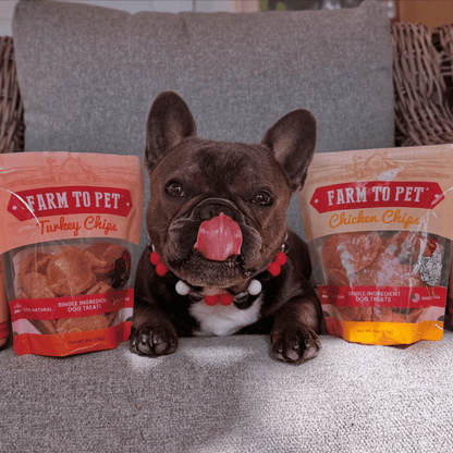 Farm To Pet turkey and chicken chip dog treats duo, nutrient-rich single-ingredient poultry treats in a 4oz package
