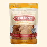Farm To Pet chicken chips for dogs, all-natural single-ingredient dog treats, in a 4oz bag, showcasing crispy chicken chip snacks.