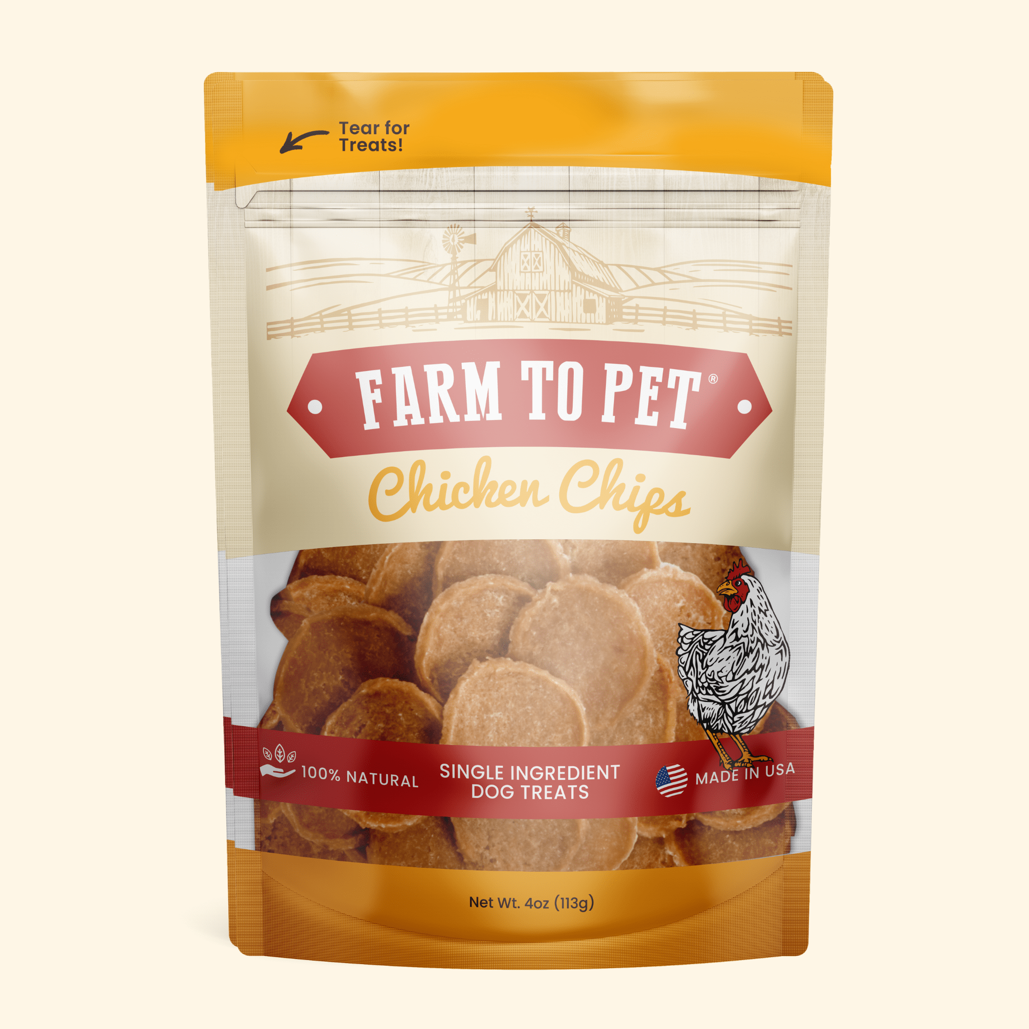 Farm To Pet chicken chips for dogs, all-natural single-ingredient dog treats in a 4oz bag, shown front view of the treat chips.