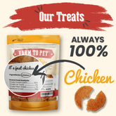 Farm To Pet chicken chips for dogs, all-natural single-ingredient dog treats in a 4oz bag, crispy chicken chip snack for pets.
