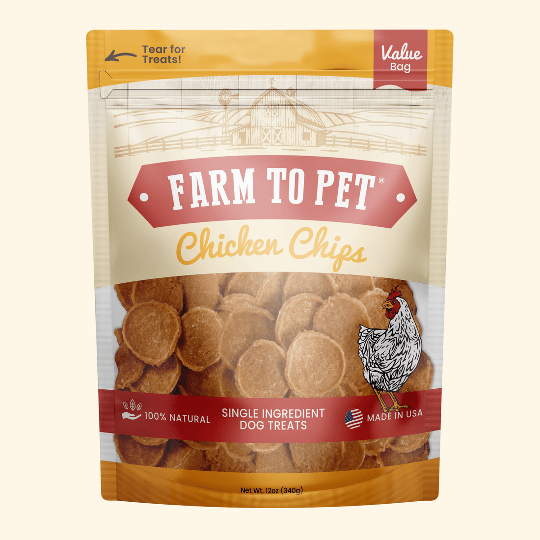 Farm To Pet chicken chips for dogs, all-natural single-ingredient dog treats in a 4oz bag, crispy chicken chip snack for pets.