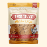 Farm To Pet chicken chips for dogs, all-natural single-ingredient dog treats in a 4oz bag, crispy chicken chip snack for pets.