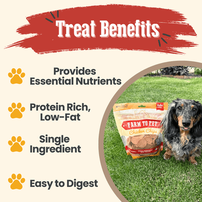 All-natural chicken chips for dogs by Farm To Pet, single-ingredient dog treats in a 12oz bag, showing crispy chicken snack chips.