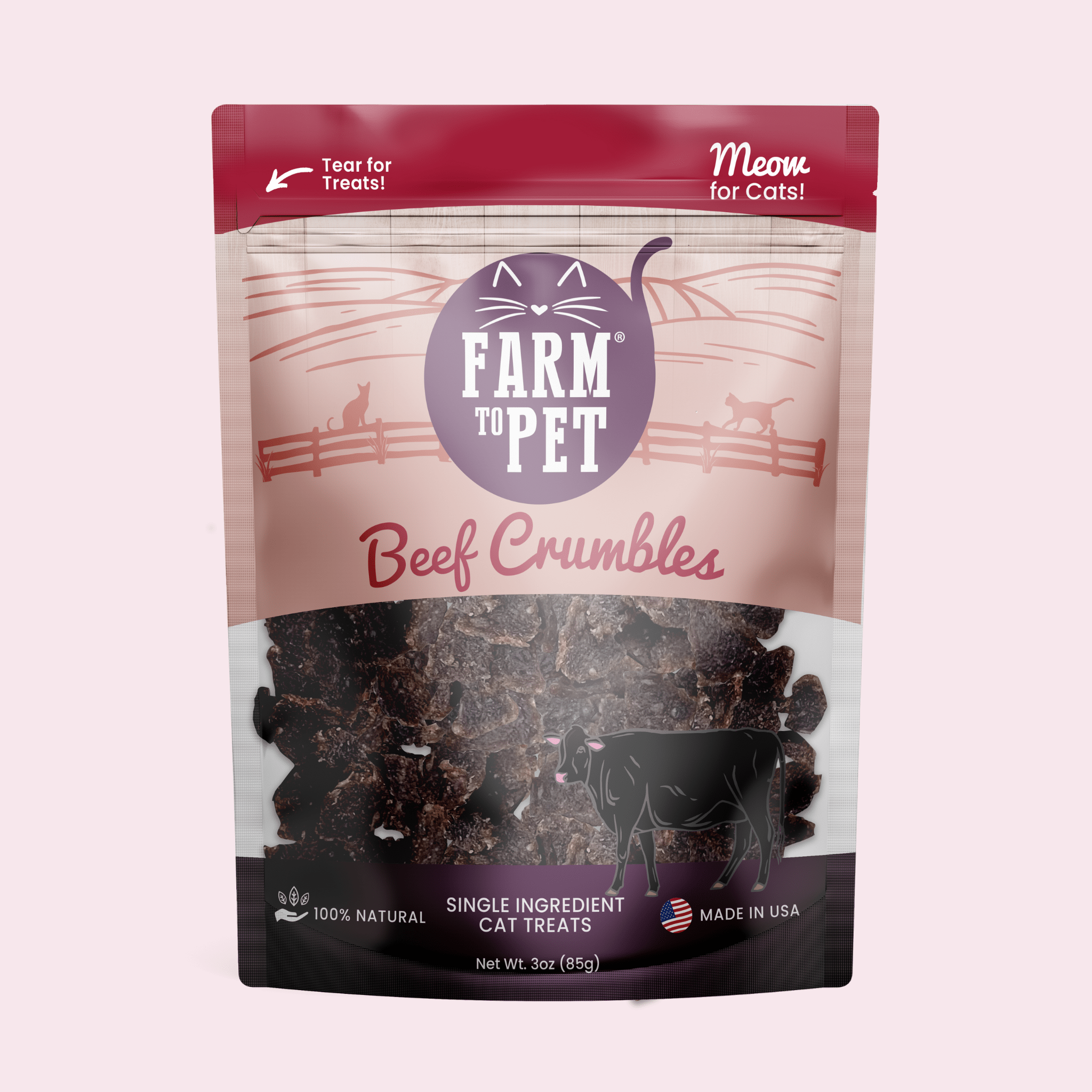 Farm To Pet beef crumbles cat treats bag showing high protein crumble treats for cats with natural packaging design.