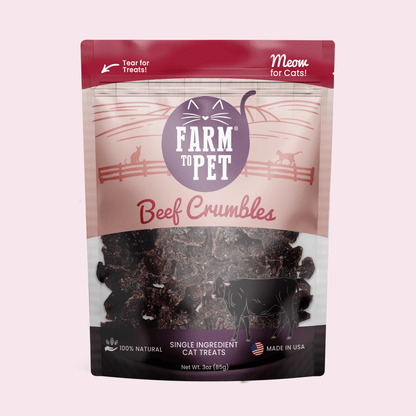 Farm To Pet beef crumbles cat treats bag showing high protein crumble treats for cats with natural packaging design.