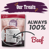 All-natural Farm To Pet beef crumbles cat treats in a bag, high-protein crumble treats for cats.