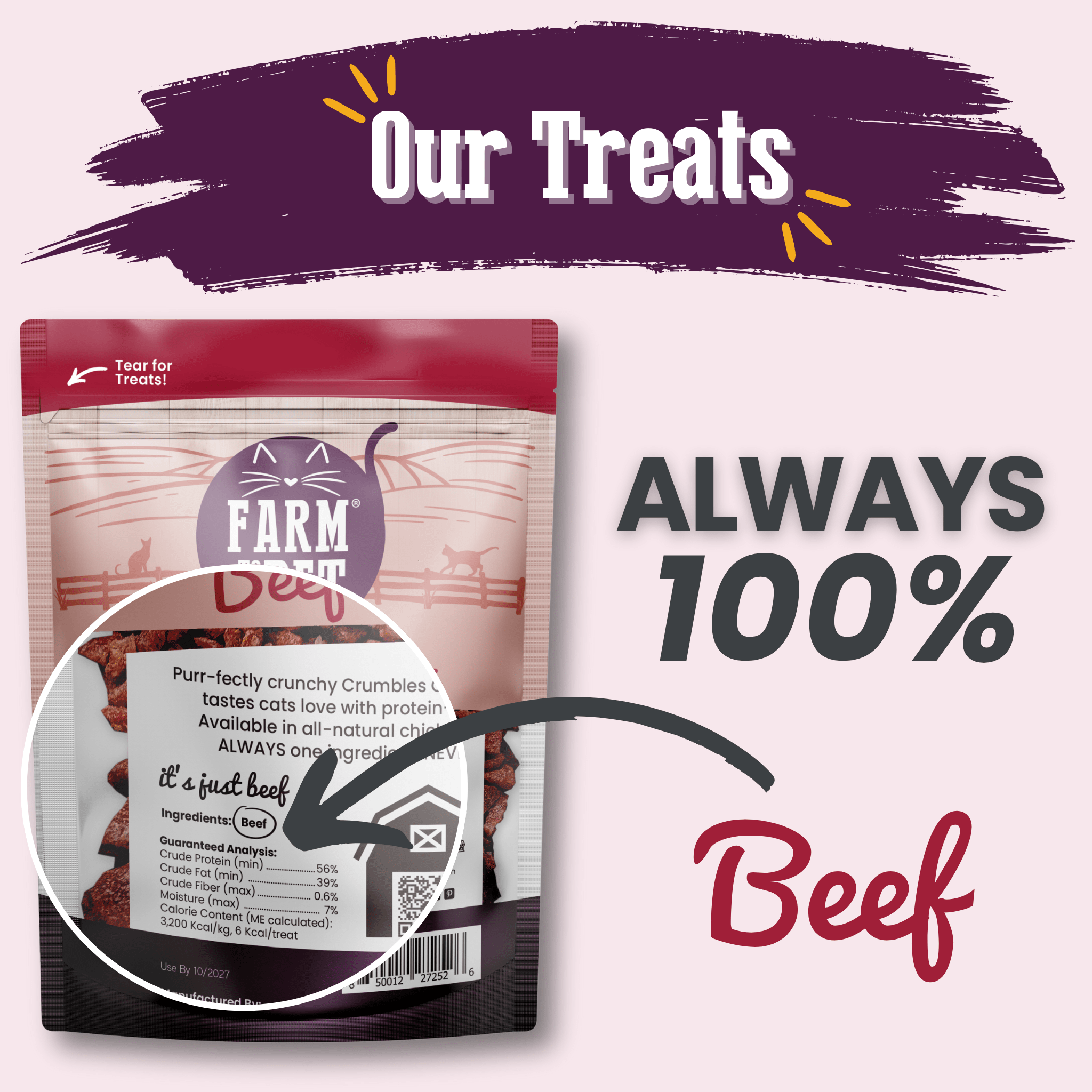 All-natural Farm To Pet beef crumbles cat treats in a bag, high-protein crumble treats for cats.