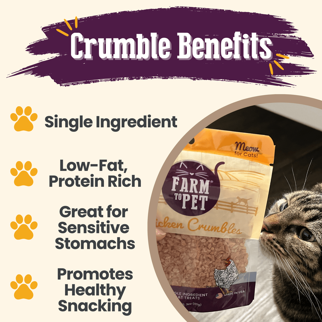 Farm To Pet chicken crumbles cat treats in a bowl, single-ingredient, natural snack for cats with visible crumbled texture.