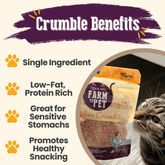 Farm To Pet chicken crumbles cat treats in a bowl, single-ingredient, natural snack for cats with visible crumbled texture.