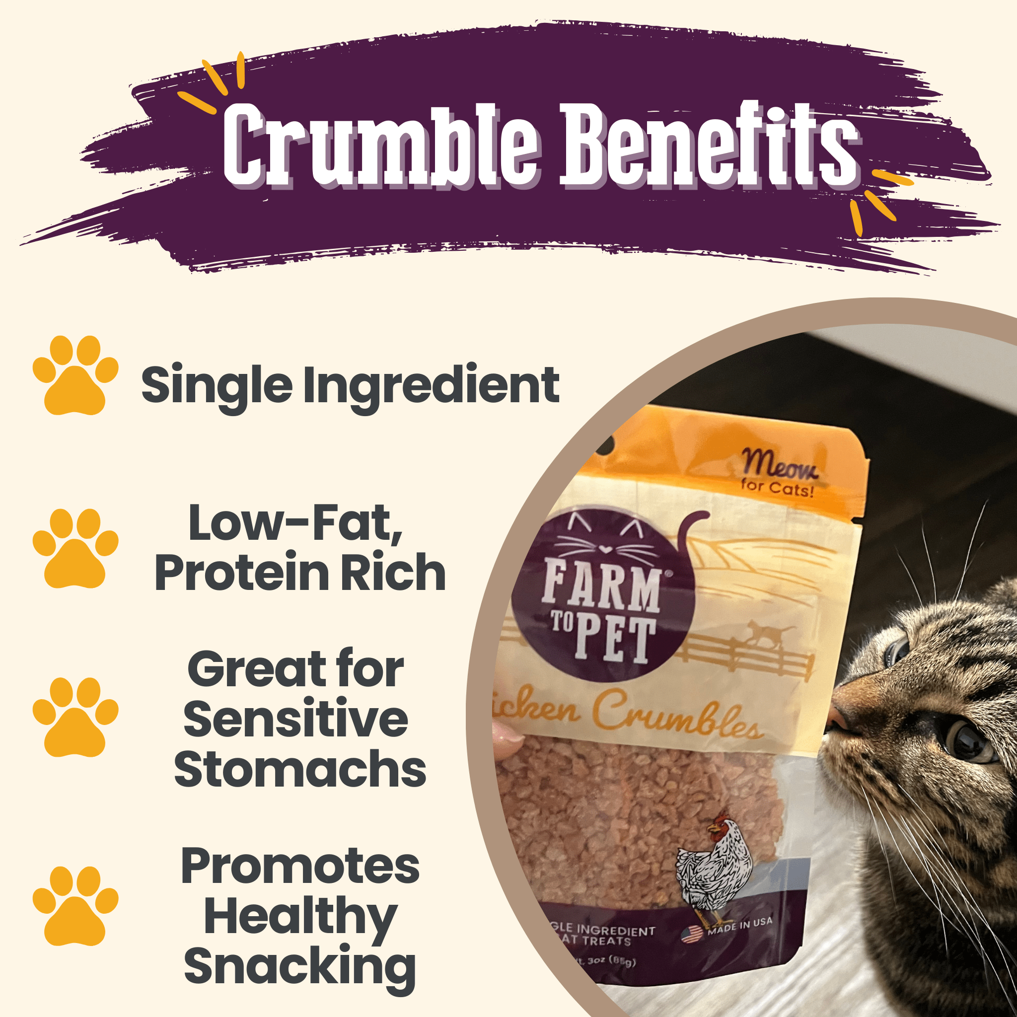 Farm To Pet chicken crumbles cat treats in a bowl, single-ingredient, natural snack for cats with visible crumbled texture.
