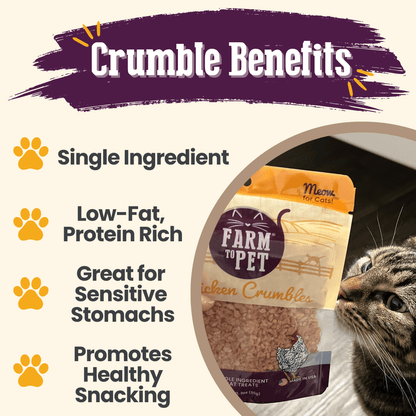 Farm To Pet chicken crumbles cat treats in a bowl, single-ingredient, natural snack for cats with visible crumbled texture.
