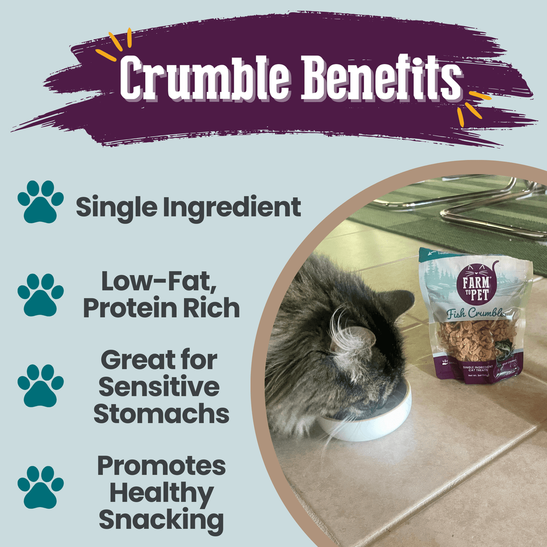 All-natural Fish Crumbles for cats by Farm To Pet, showing bite-sized fish treats in a clear bowl.