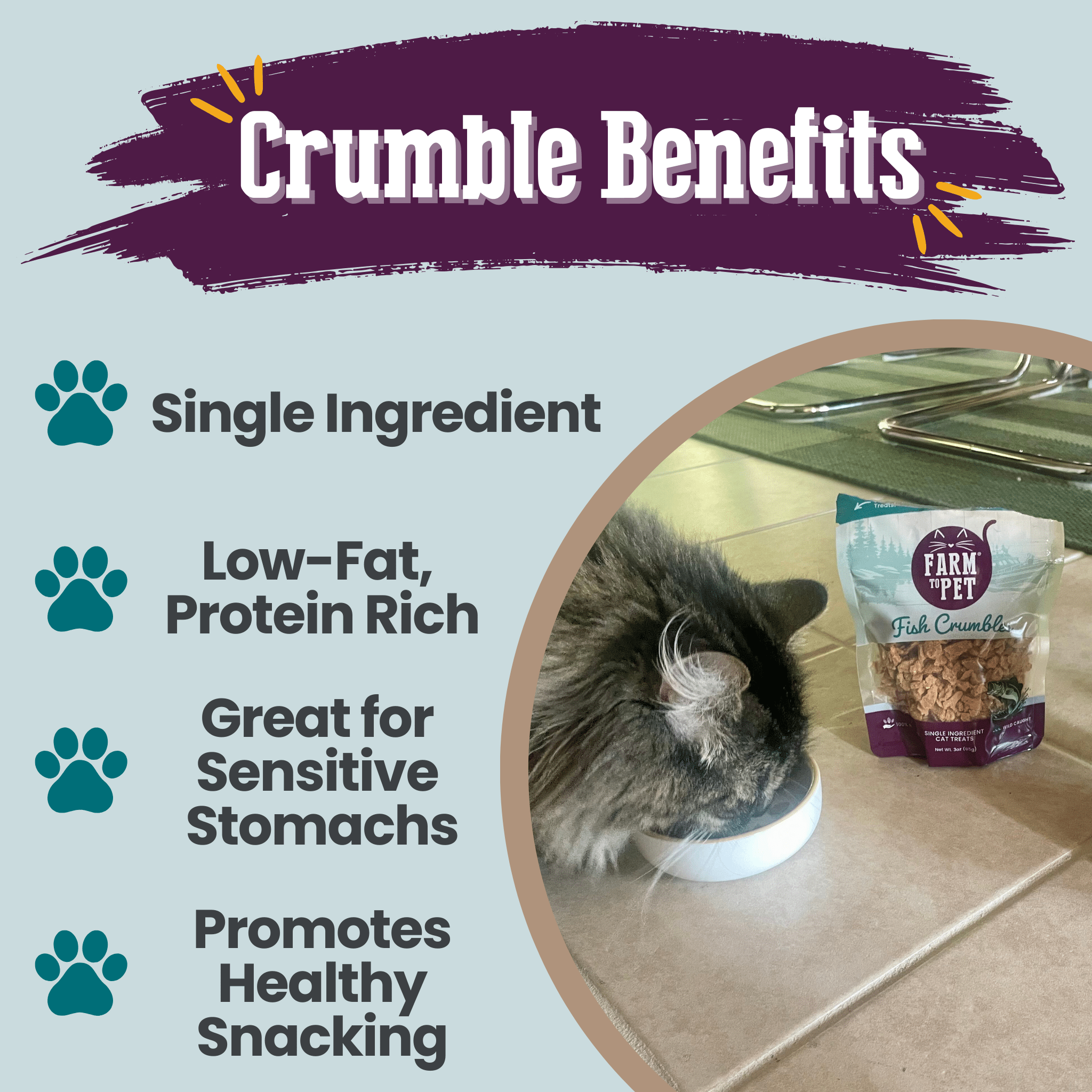 All-natural Fish Crumbles for cats by Farm To Pet, showing bite-sized fish treats in a clear bowl.