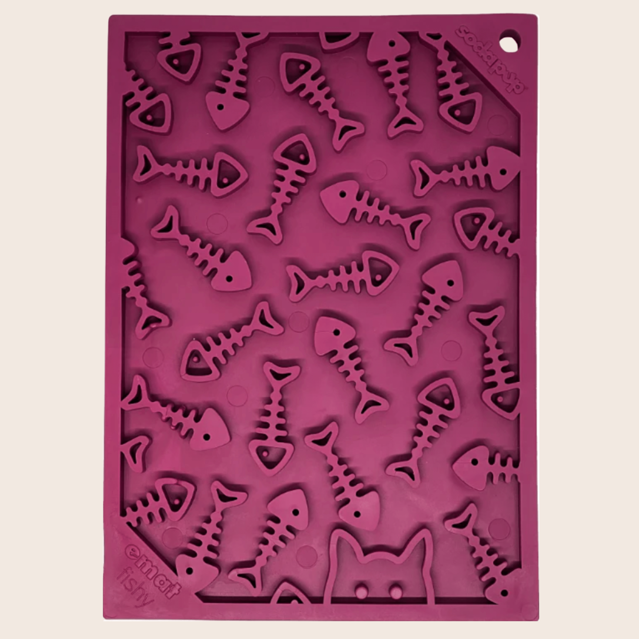 Maroon Farm To Pet lick mat with fishbone pattern for cats and small dogs, featuring textured surface for engaging pet play.