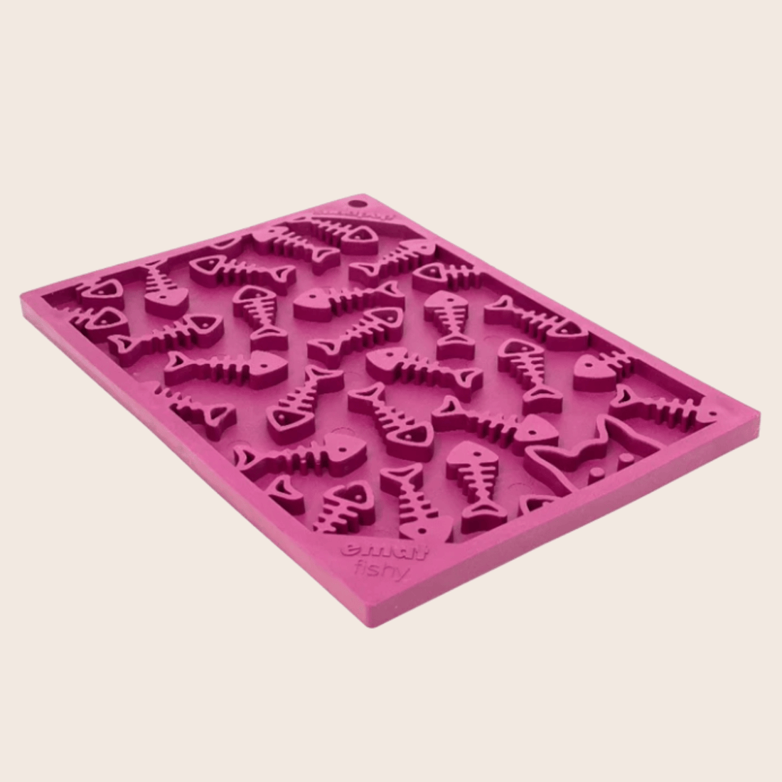 Maroon Farm To Pet Lick Mat for cats and small dogs, fishbone design, rectangle shape, side view.