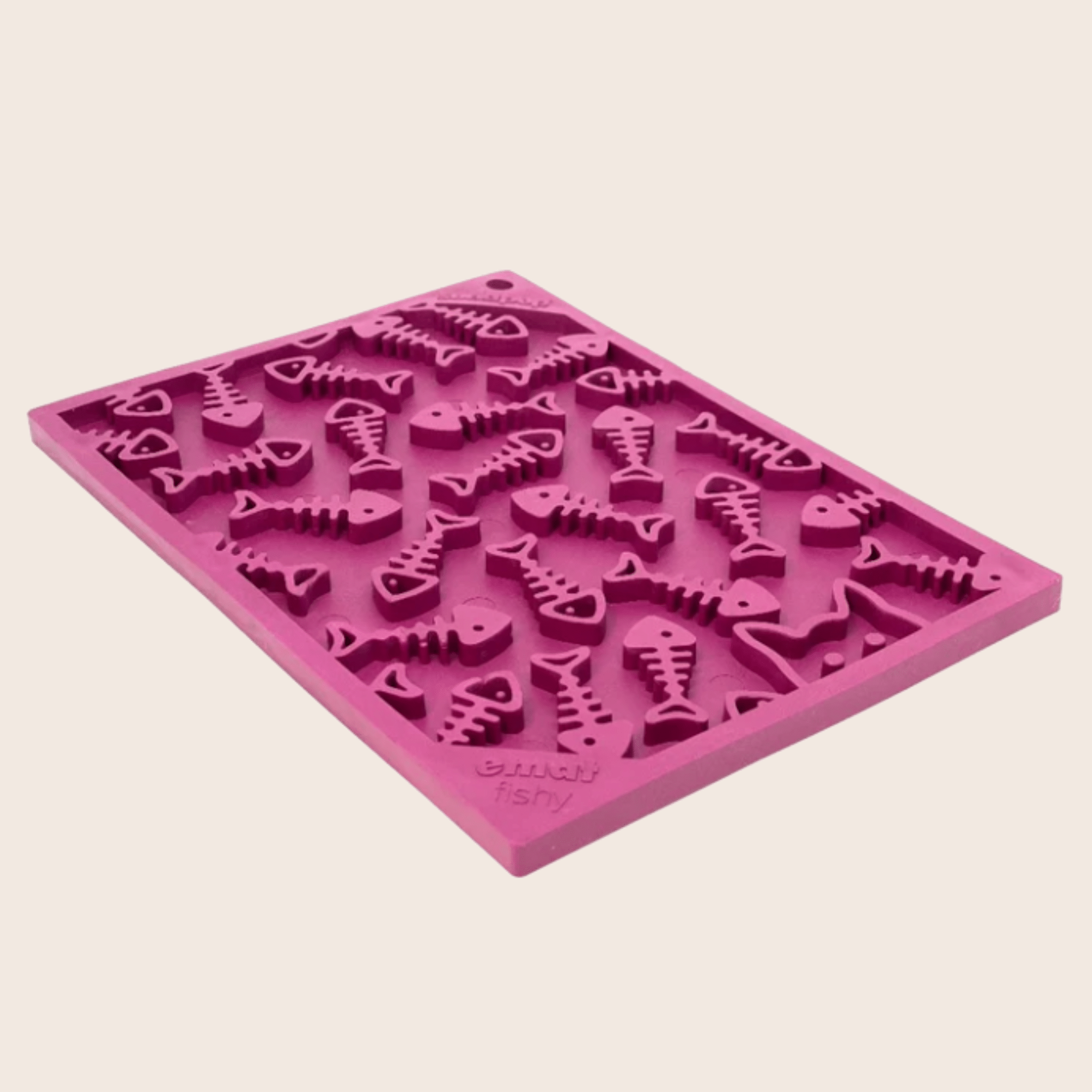 Maroon Farm To Pet Lick Mat for cats and small dogs, fishbone design, rectangle shape, side view.