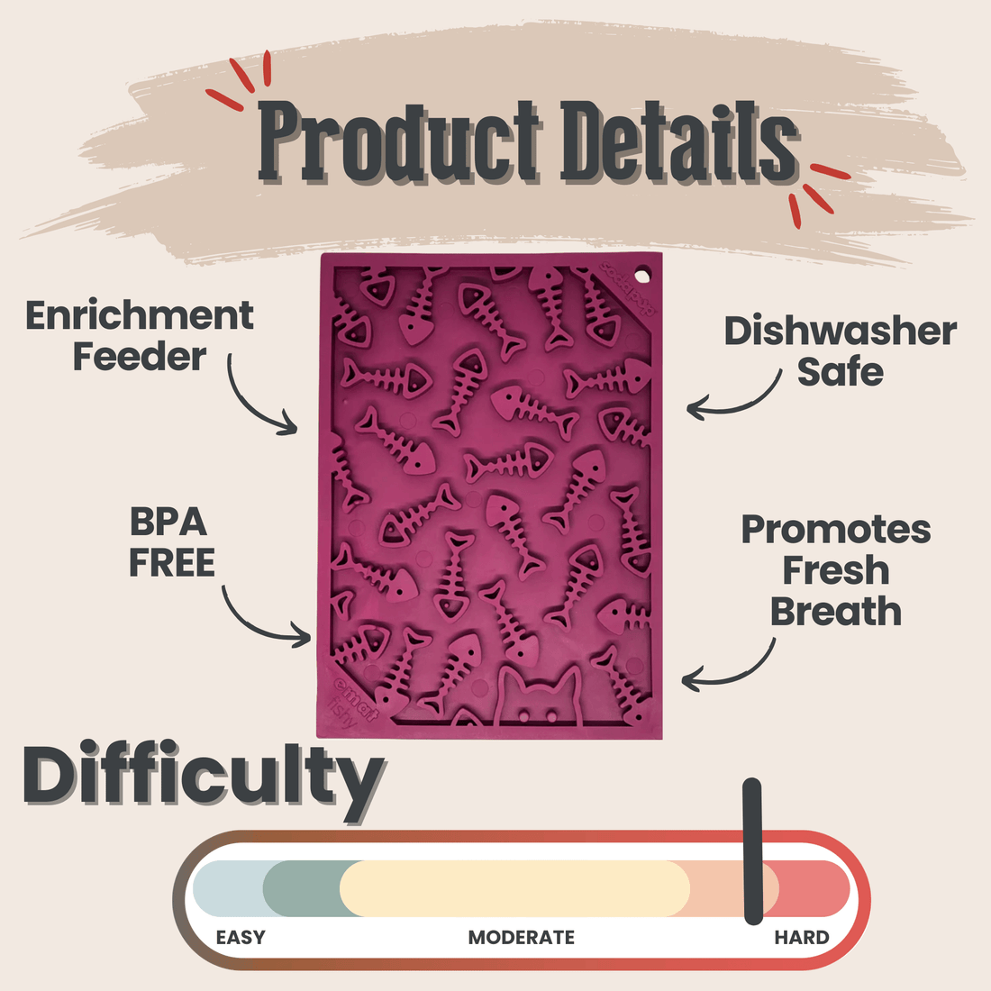 Farm To Pet lick mat for cats and small dogs, rectangular fishbone design in brown, soft silicone surface for soothing pet treats.