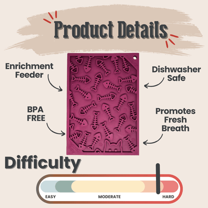 Farm To Pet lick mat for cats and small dogs, rectangular fishbone design in brown, soft silicone surface for soothing pet treats.