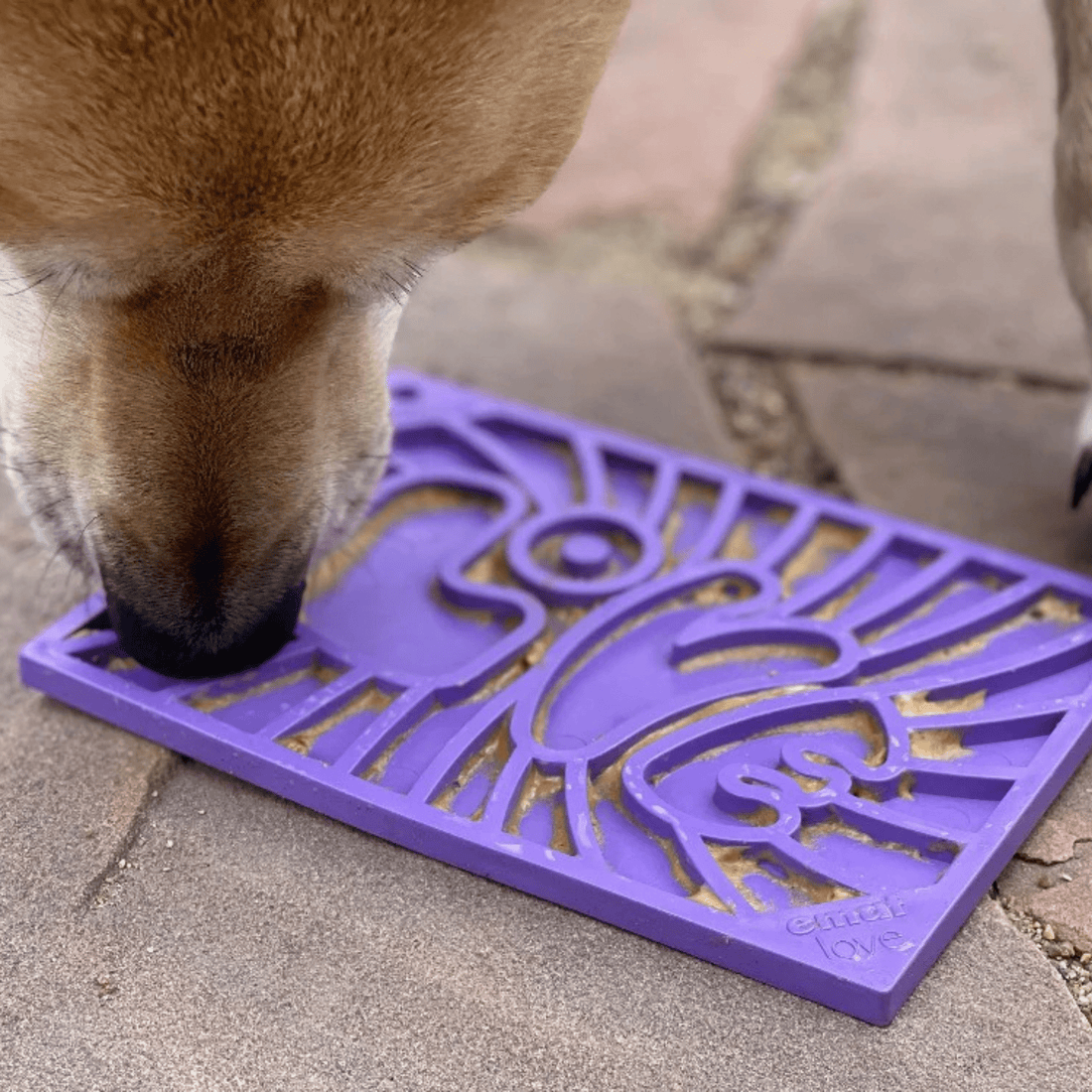Purple Farm To Pet lick mat for cats and small dogs, featuring a groovy design for calming pet licking activity.