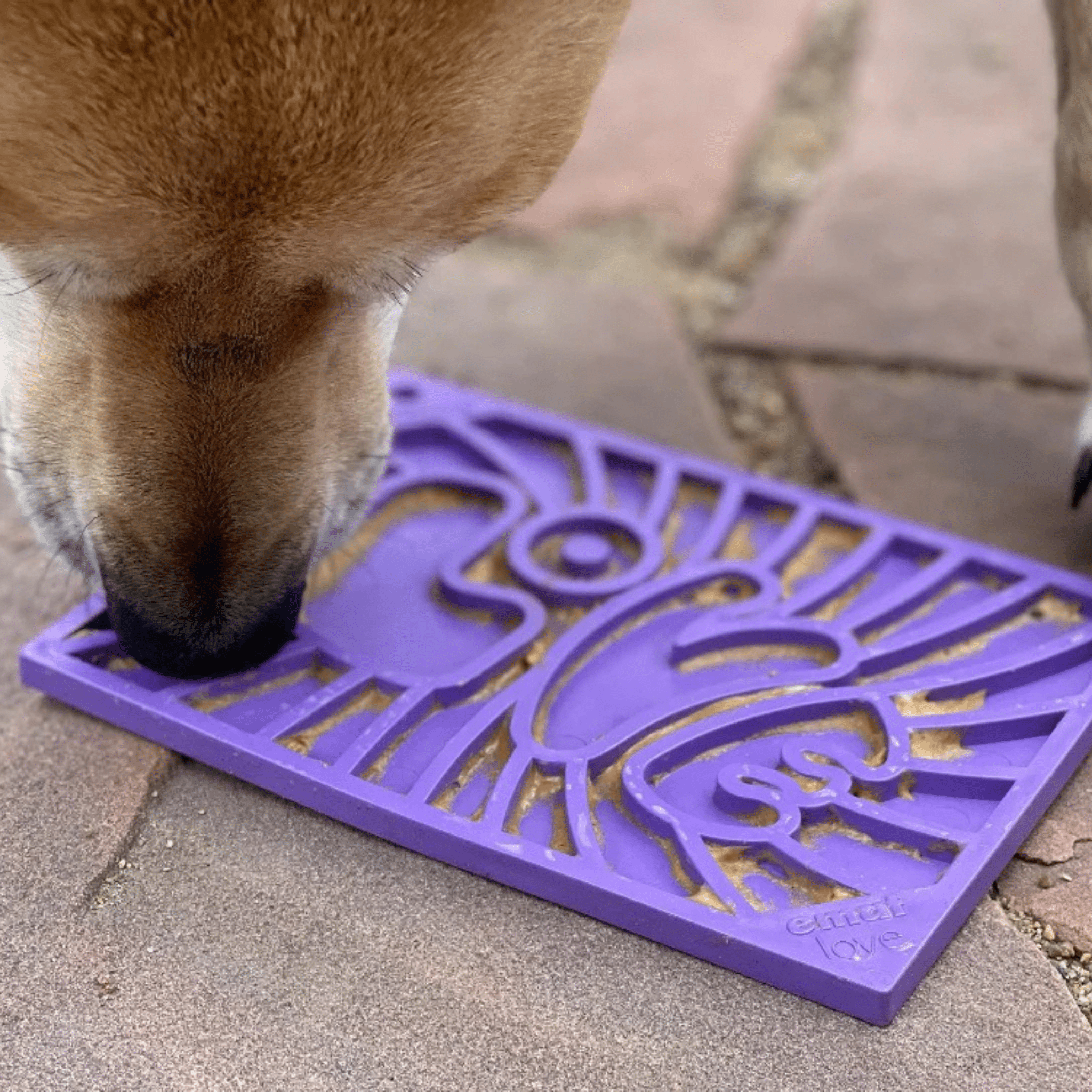 Purple Farm To Pet lick mat for cats and small dogs, featuring a groovy design for calming pet licking activity.
