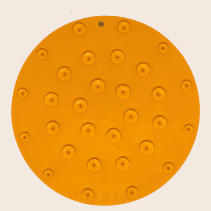 Farm To Pet round dog lick mat with orange camp design and suction cups for easy grip and interactive feeding.