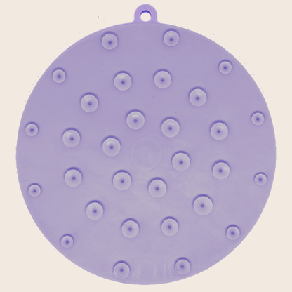 Purple Farm To Pet round dog lick mat with suction cups, designed for dogs to lick and chew safely.