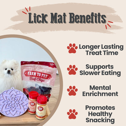 Purple Farm To Pet round dog lick mat with suction cups featuring lotus design for engaging pet feeding and licking fun.