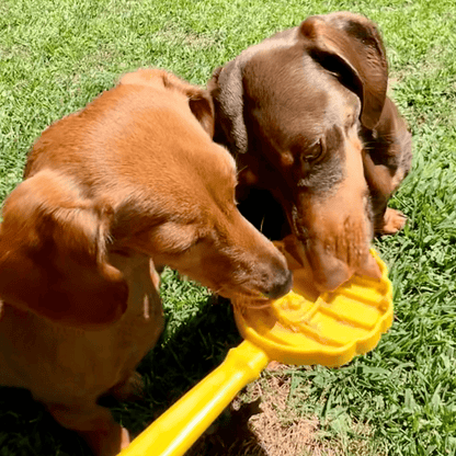 Farm To Pet Lick Stick, interactive dog training toy, yellow beehive design, two dogs licking for mental stimulation.
