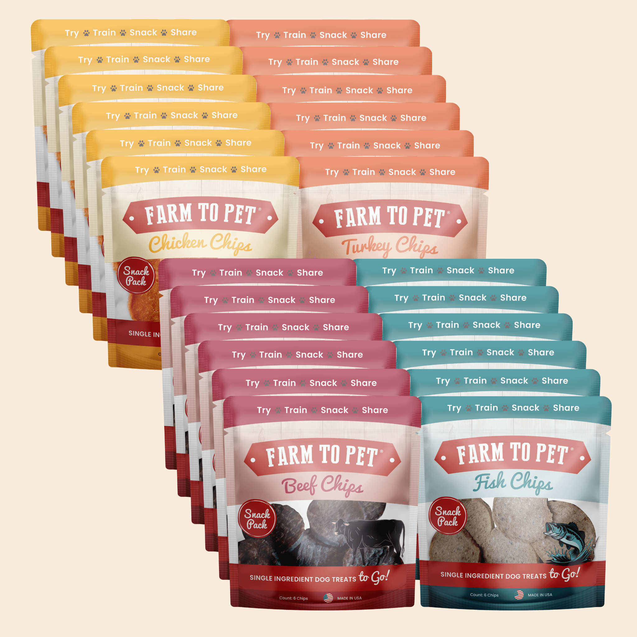 Farm To Pet snack pack of 24 heart-healthy dog treats sampler, featuring a variety of natural dog treats for training and snacking.