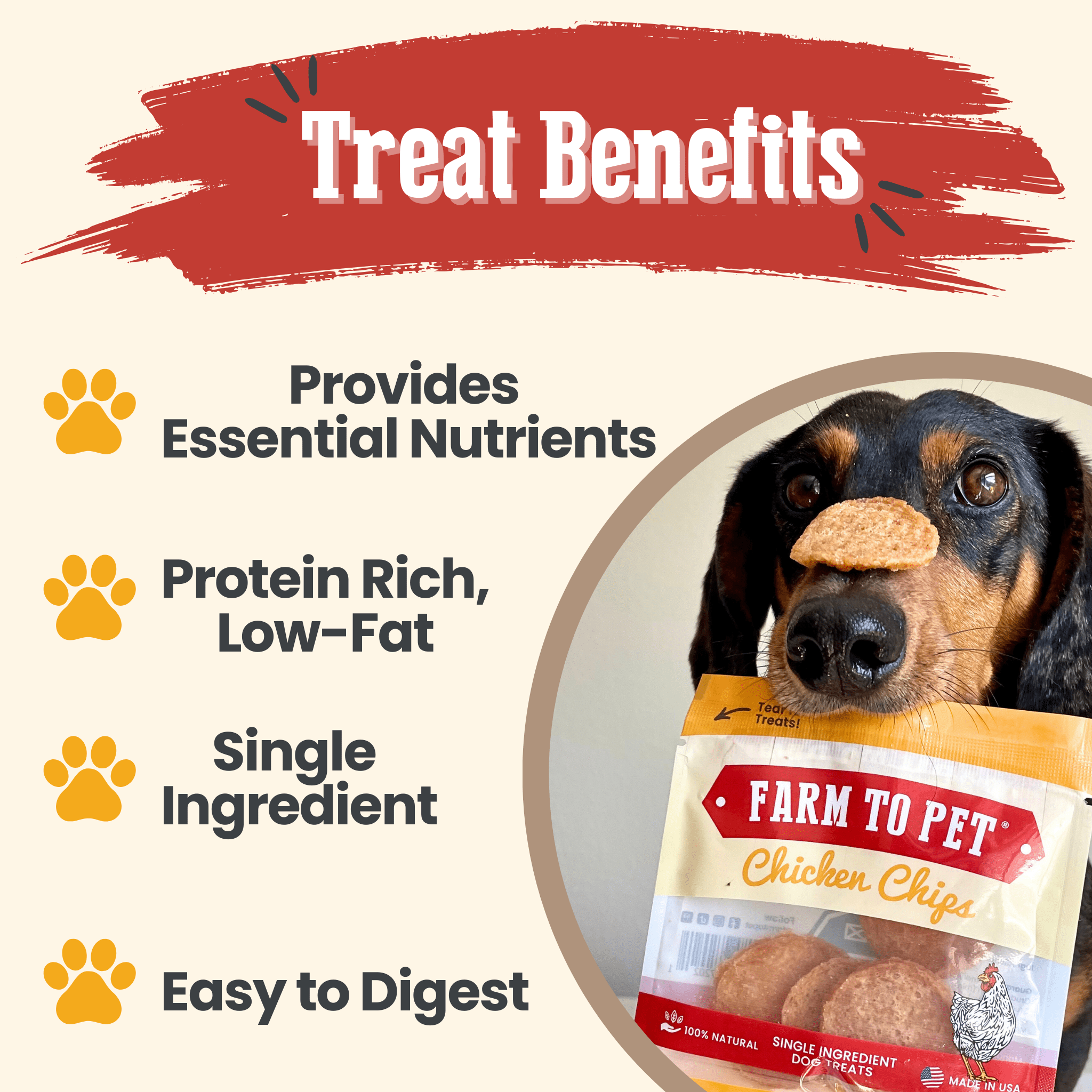 Farm to Pet chicken chips snack pack with dog treats, featuring crunchy chicken chips for training or party favors.