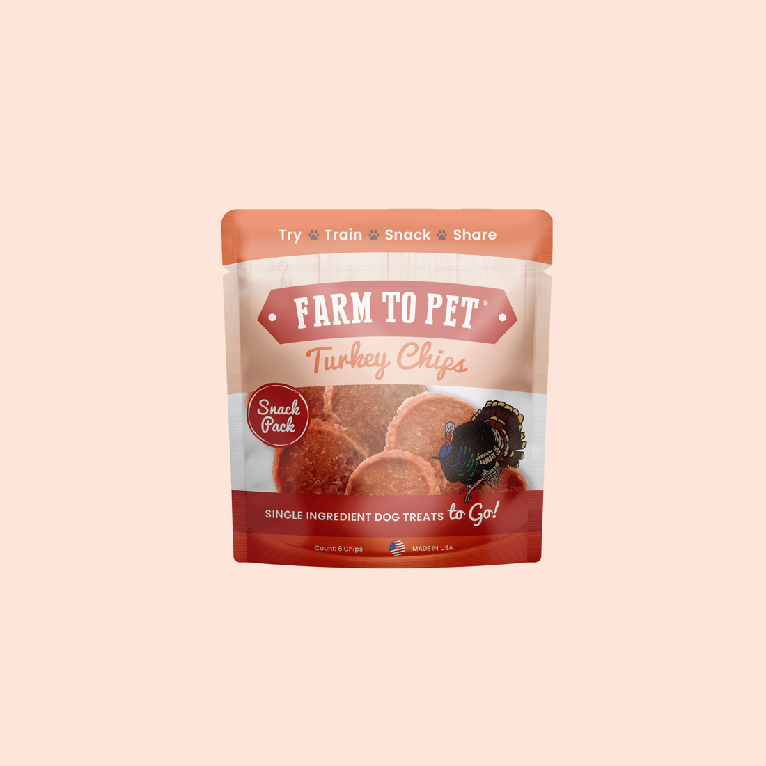 Farm To Pet turkey chips snack pack with low allergen dog treats, showing crispy, bite-sized pieces in a clear package.