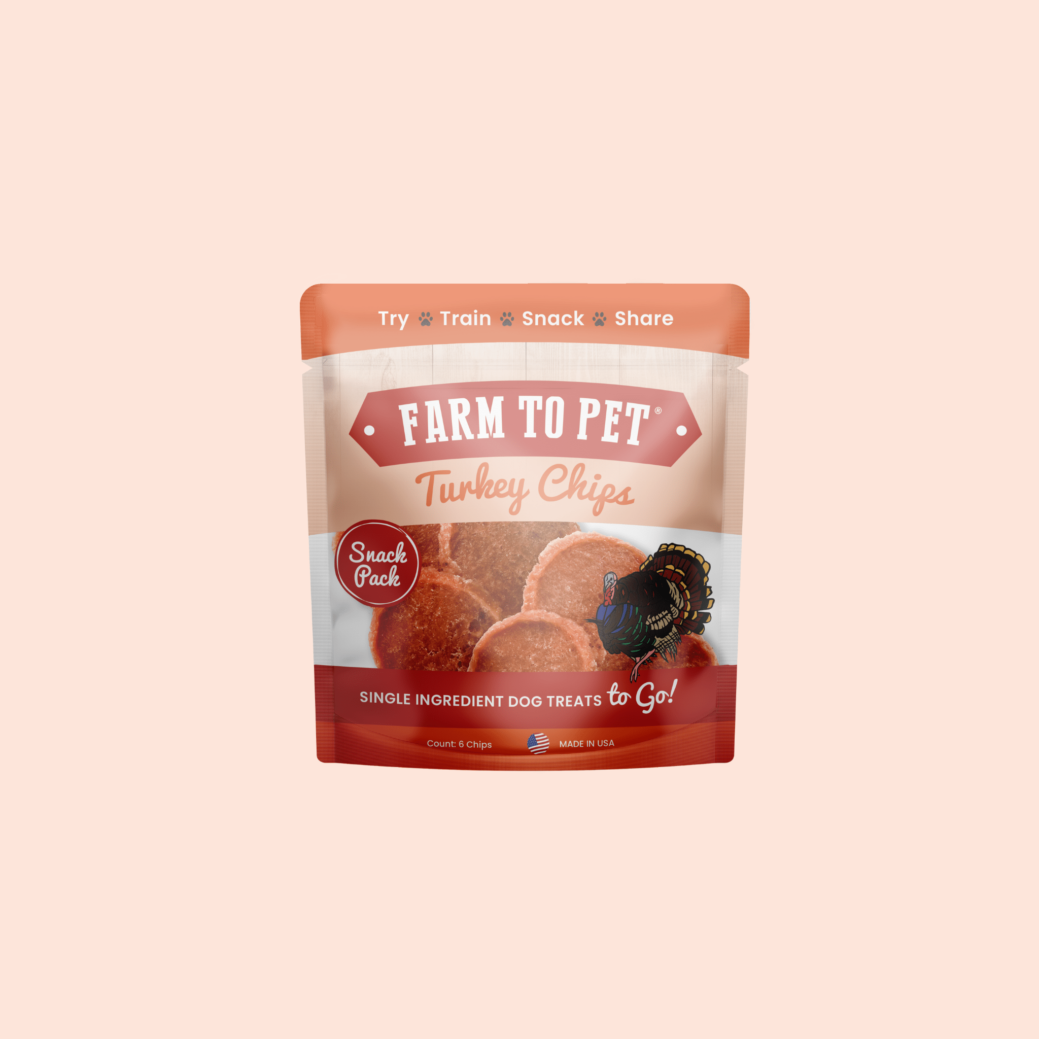 Farm To Pet turkey chips snack pack with low allergen dog treats, showing crispy, bite-sized pieces in a clear package.