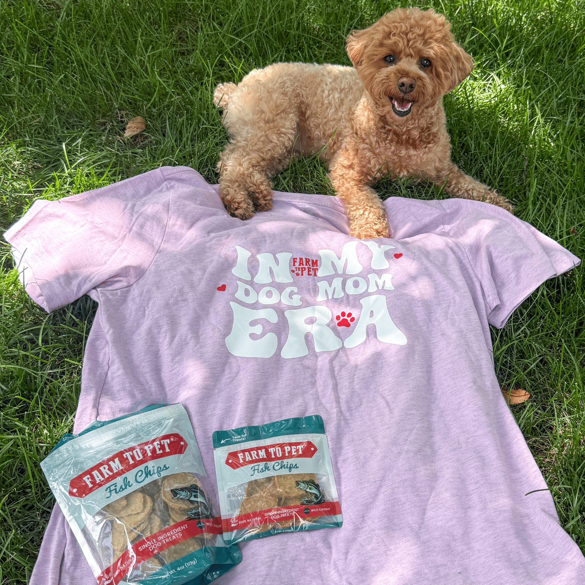 Purple "Dog Mom Era" T-shirt by Farm To Pet featuring dog paw prints, perfect for dog moms and pet lovers.