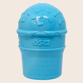 Close-up of Farm To Pet treat dispenser for dogs in blue ice cream color, showing the dispenser with dog treats inside.