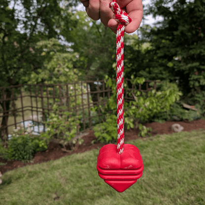 Farm To Pet tug toy with a heart on a string, designed for dogs to chew and play, close-up view showing soft fabric and heart detail