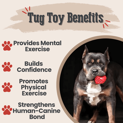 Red Farm To Pet tug toy with a heart on a string, designed for dogs to chew and play interactively.