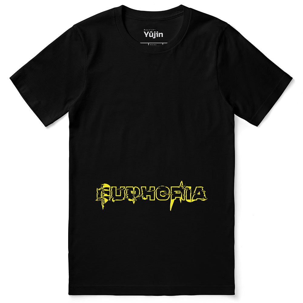Yūjin Clothing Euphoria T-Shirt featuring a vibrant graphic design and comfortable fit, showcased on a casual model.