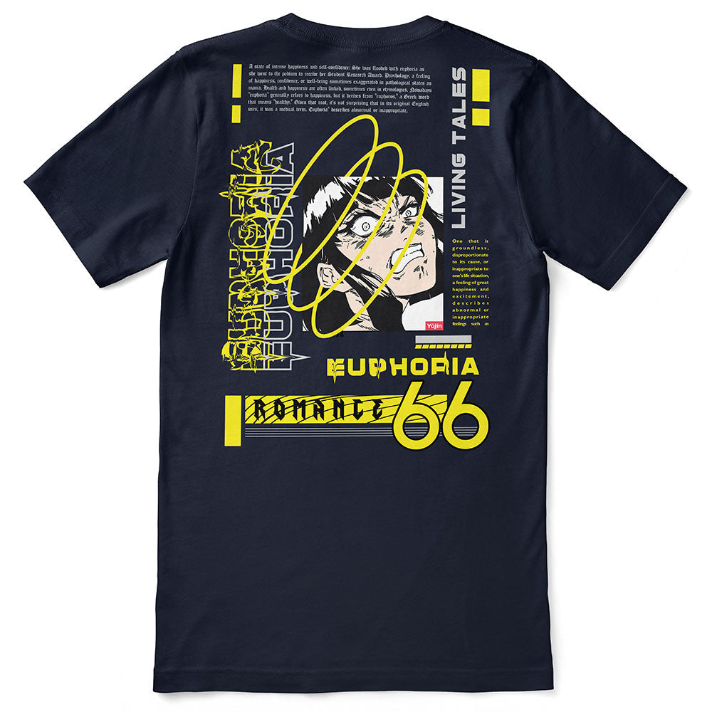 Yūjin Clothing Euphoria T-Shirt displayed on a hanger, featuring a vibrant graphic design on soft cotton fabric.