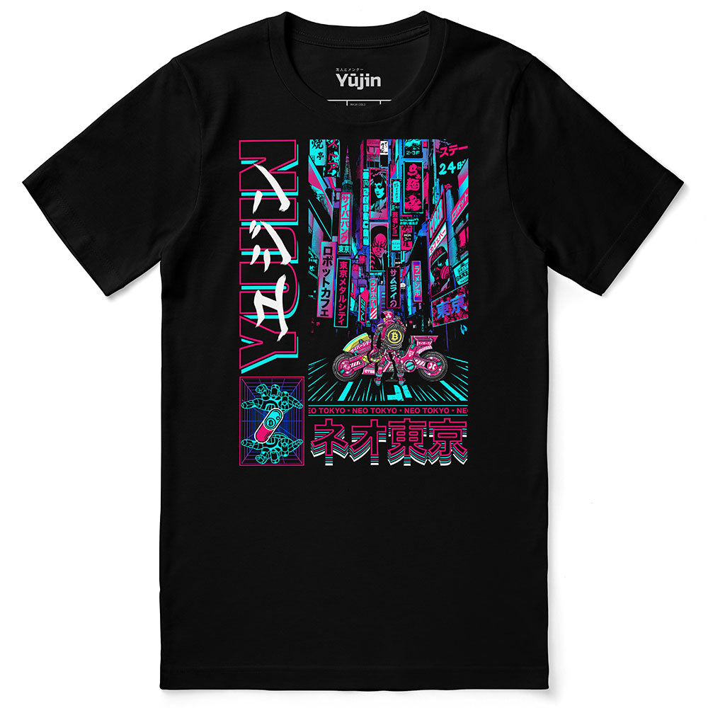 Yūjin Clothing Neo Tokyo T-Shirt featuring vibrant cityscape graphic in soft cotton fabric, casual style for streetwear fashion.