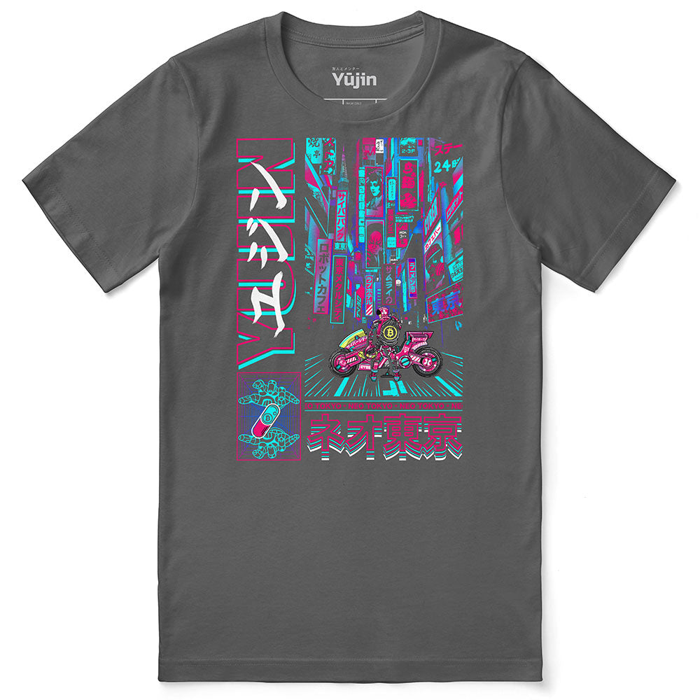 Yūjin Clothing Neo Tokyo T-Shirt featuring a vibrant cityscape design on soft fabric, casual wear for street fashion enthusiasts.