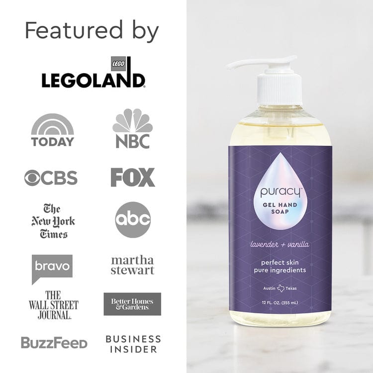Puracy Gel Hand Soap in a clear pump bottle with a white label, shown on a bathroom countertop.