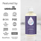 Puracy Gel Hand Soap in a clear pump bottle with a white label, shown on a bathroom countertop.